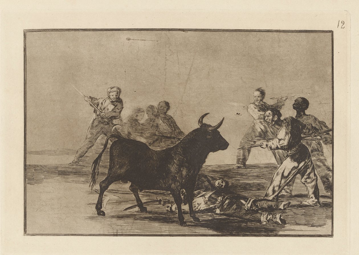 The Rabble ochromit býka s kopími, srpy, banderillami a jinými pažemi, talíř 12 z La tauromaquia od Francisco de Goya