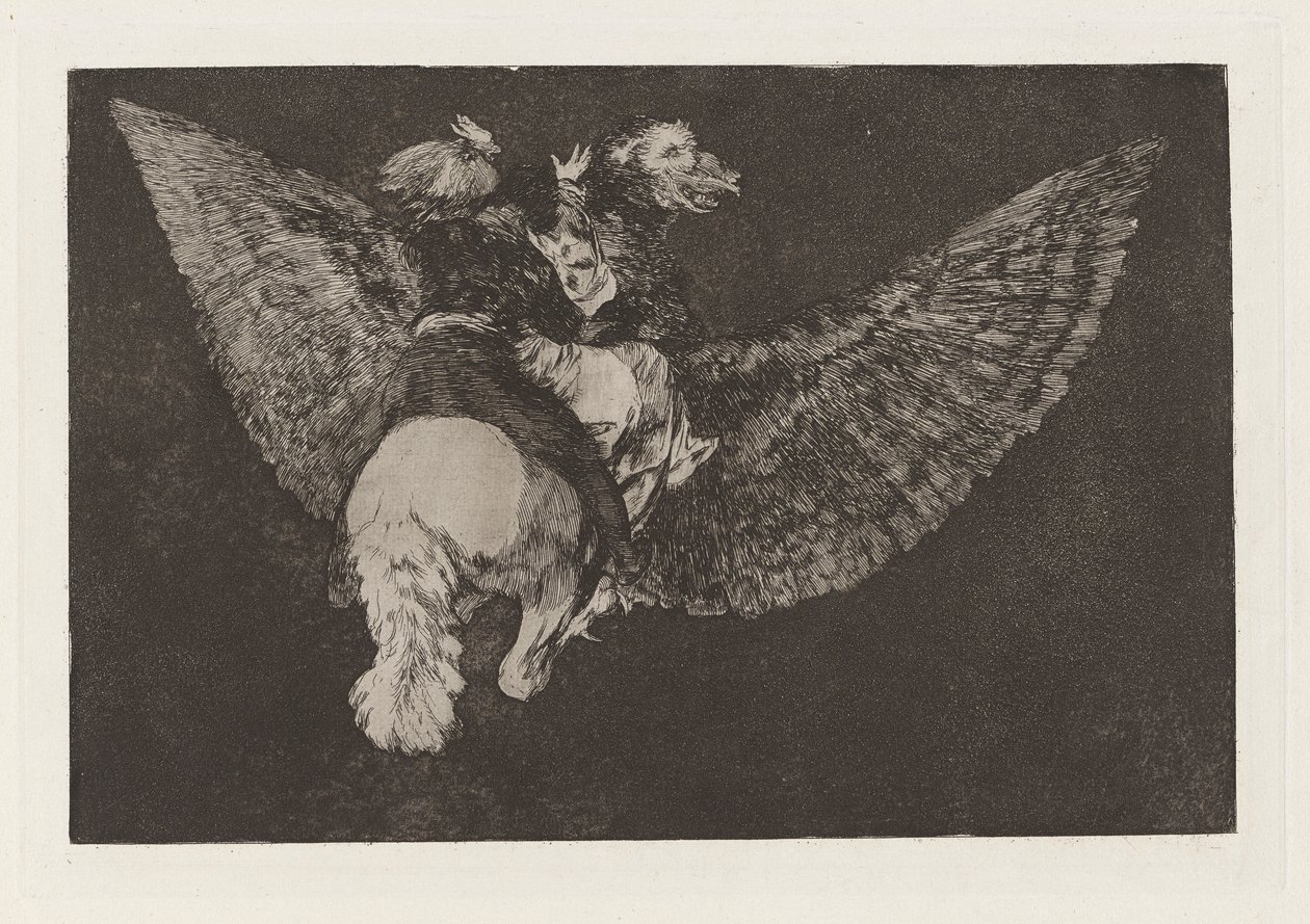 Nesmyslný leták (Flying Folly), také známý jako Renounce the Friend, který tě kryje křídly a kousne tě zobákem, ze série Los disparates (Los proverbios) od Francisco de Goya