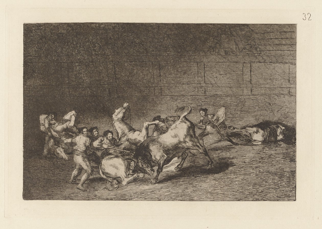 Dva týmy Picadorů vržené jeden po druhém jediným býkem, talíř 32 z La tauromaquia od Francisco de Goya