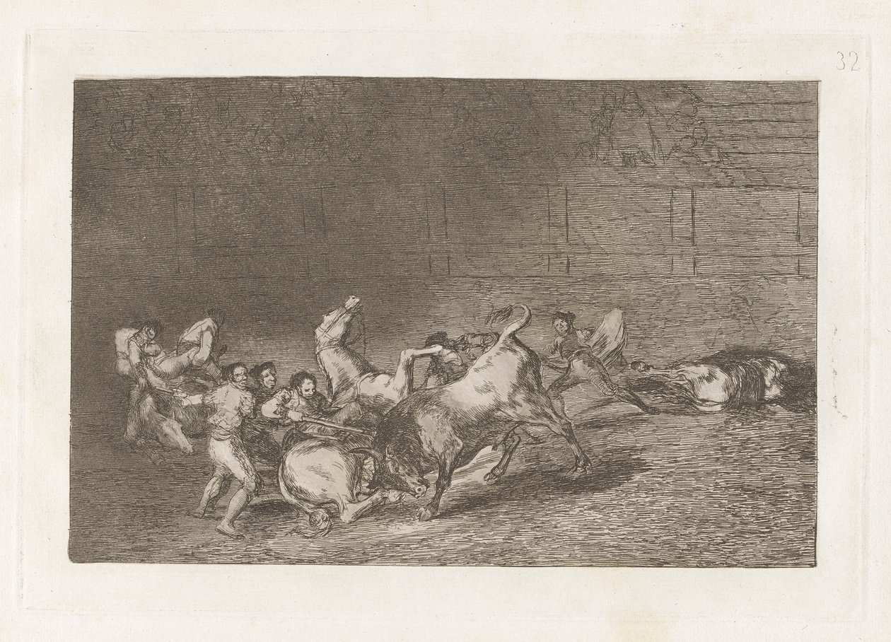 Dva týmy Picadorů vržené jeden po druhém jediným býkem, talíř 32 z La tauromaquia od Francisco de Goya