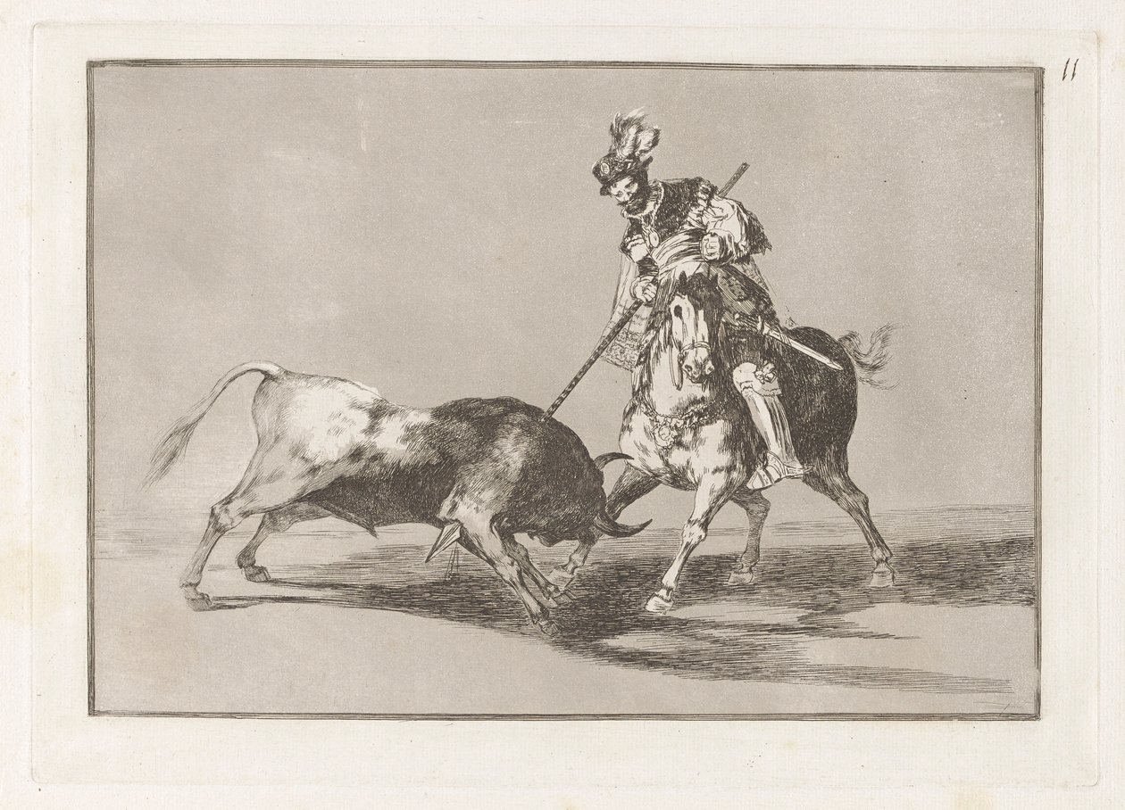 El Cid Campeador kopí dalšího býka (The Cid Campeador Spearing Another Bull), deska 11 z La tauromaquia od Francisco de Goya