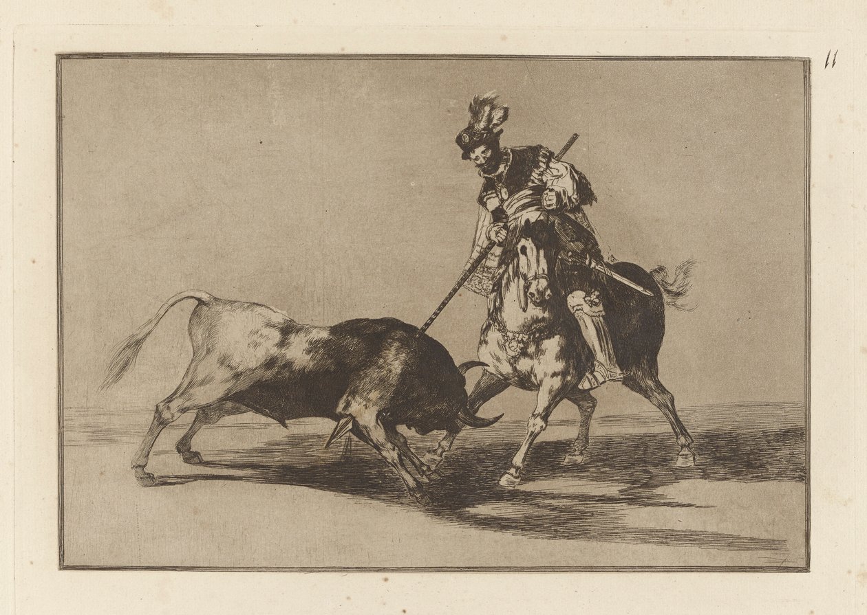 El Cid Campeador kopí dalšího býka (The Cid Campeador Spearing Another Bull), deska 11 z La tauromaquia od Francisco de Goya
