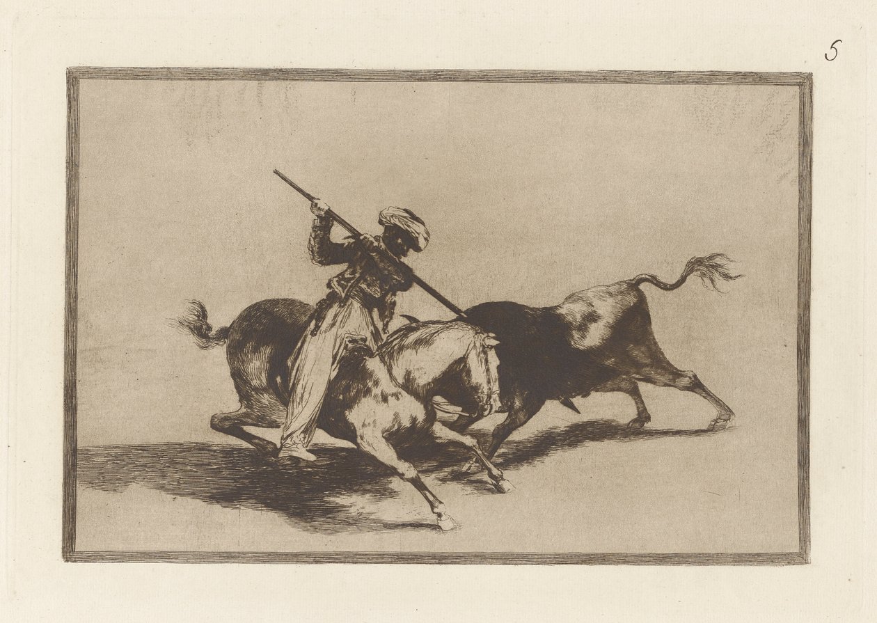 Jako první odstartuje temperamentní Moro Gazul? býci v pořádku (The Spirited Moor Gazul je první, kdo podle pravidel oštěpuje býky), Deska 5 z La tauromaquia od Francisco de Goya
