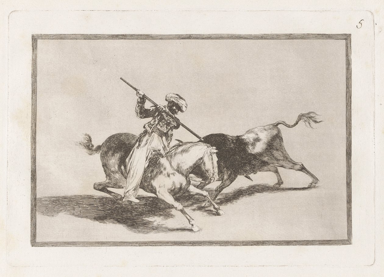 Je temperamentní maurský Gazul první, kdo vrhá? býci ve vládě (The Spirited Moor Gazul Is The First Spear Bulls Under the Rules), Talíř 5 z La tauromaquia od Francisco de Goya
