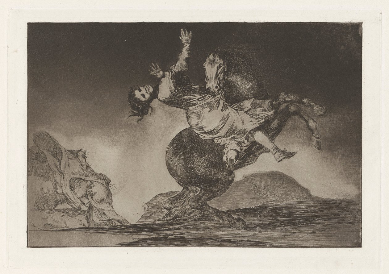 El Caballo Raptor (Únosec koní), také známý jako La mujer y el potro, que los dome otro (Žena a kůň, ať je ovládne někdo jiný), ze série Los absurdities (Los proverbios) od Francisco de Goya