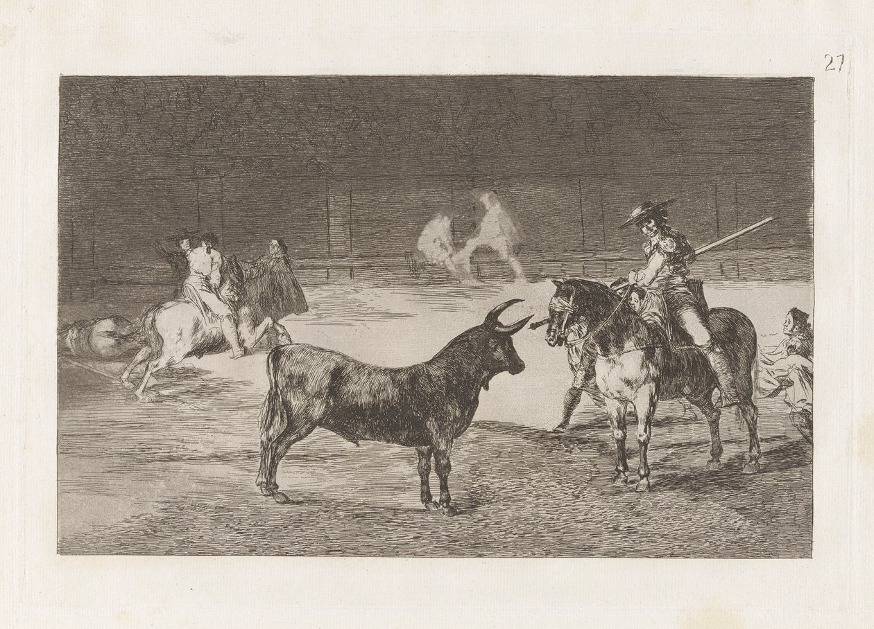 El c?lebre Fernando del Toro, barilarguero, nutící šelmu tyčí (Oslavovaný Picador, Fernando del Toro, přitahuje divokou bestii svým Piquem), Deska 27 z La tauromaquia od Francisco de Goya