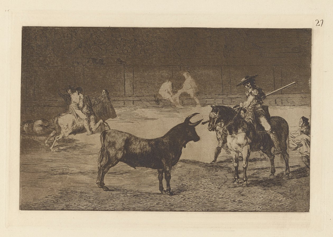 Slavný Fernando del Toro, barilarguero, nutit ? la Fiera con su garrocha (Oslavený Picador, Fernando del Toro, přitahuje divokou bestii se svým Piquem), Talíř 27 z La tauromaquia od Francisco de Goya