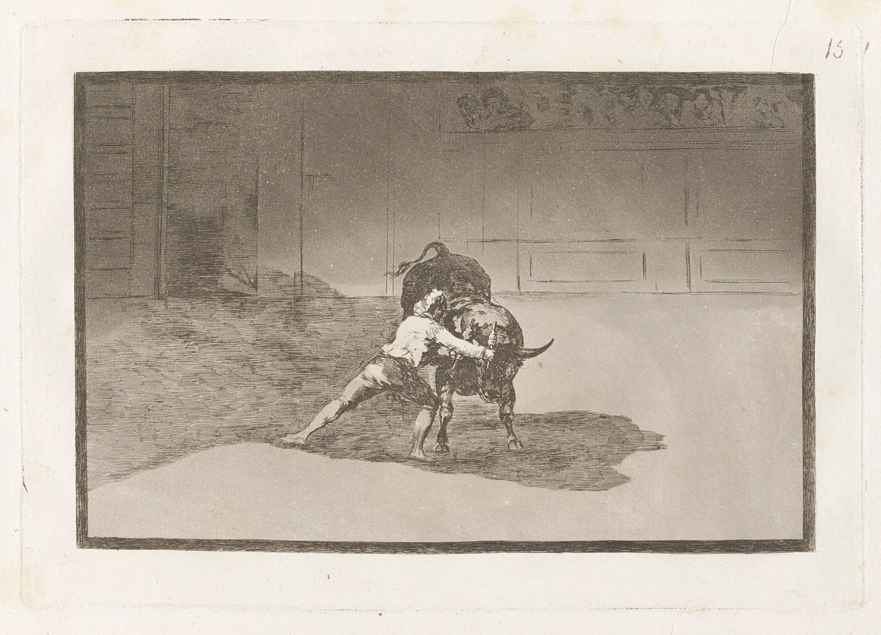 Slavný Martincho putting banderillas al quiebro (Slavný Martincho umisťuje Banderillas hrající na býka pohybem svého těla), deska 15 z La tauromaquia od Francisco de Goya