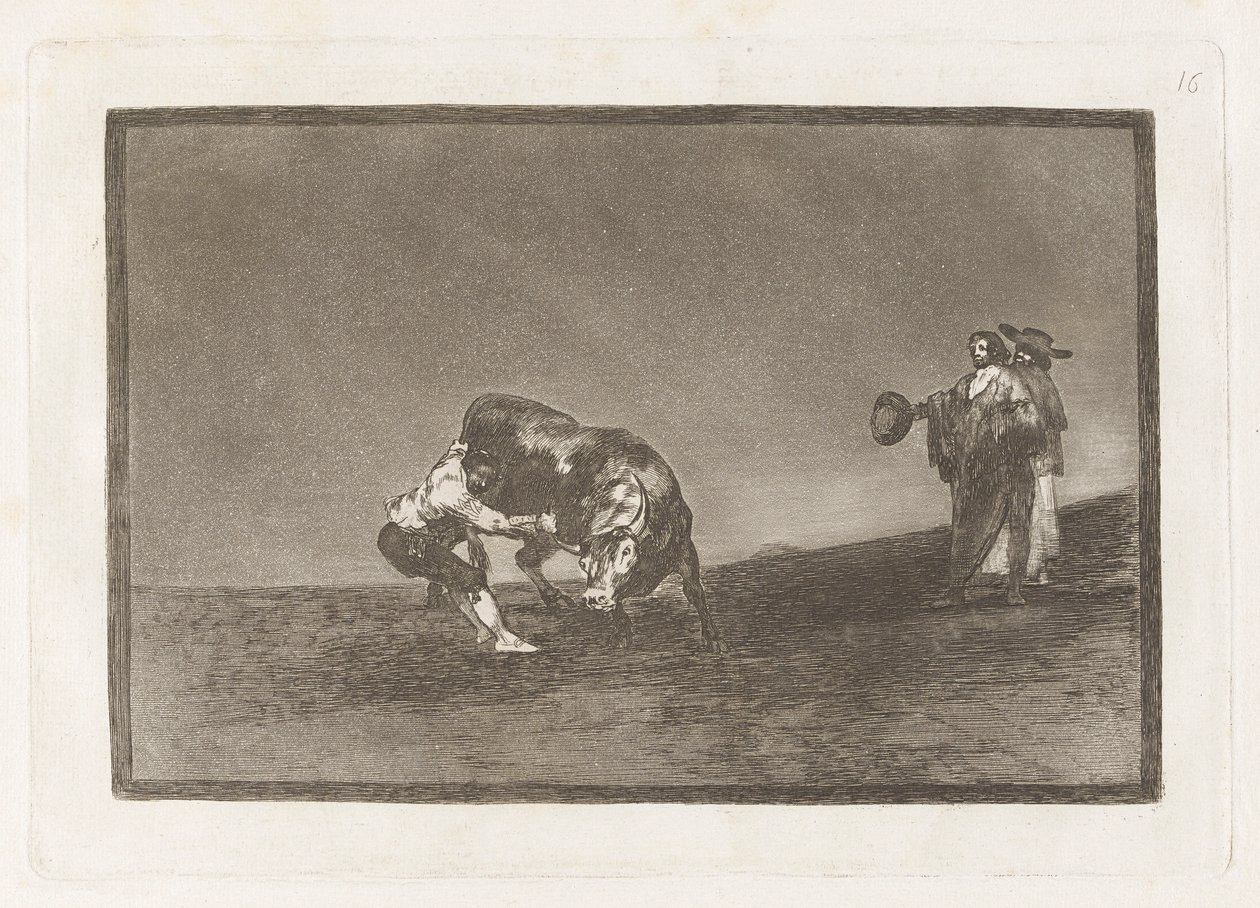 Sám vyhodí býka na náměstí v Madridu (Ten stejný muž hodí býka do ringu v Madridu), deska 16 z La tauromaquia od Francisco de Goya