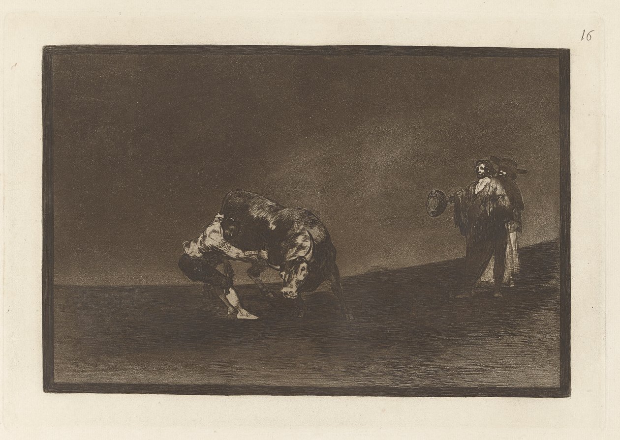 Sám vyhodí býka na náměstí v Madridu (Ten stejný muž hodí býka do ringu v Madridu), deska 16 z La tauromaquia od Francisco de Goya