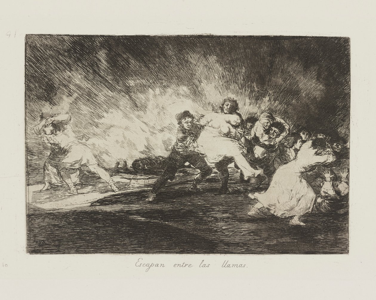 Uniknou skrz plameny. (They Escape through the Flames.), pl. 41 ze série The Disasters of War od Francisco de Goya
