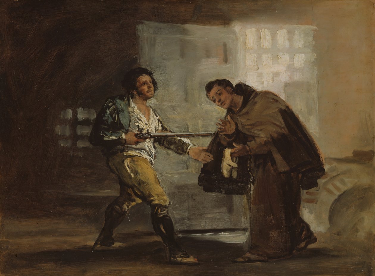 Friar Pedro nabízí boty El Maragato a připravuje se odložit svou zbraň, c. 1806. od Francisco de Goya