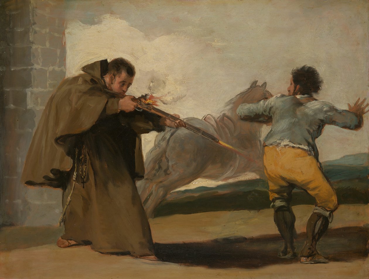 Friar Pedro střílí El Maragato, když jeho kůň utíká, c. 1806. od Francisco de Goya