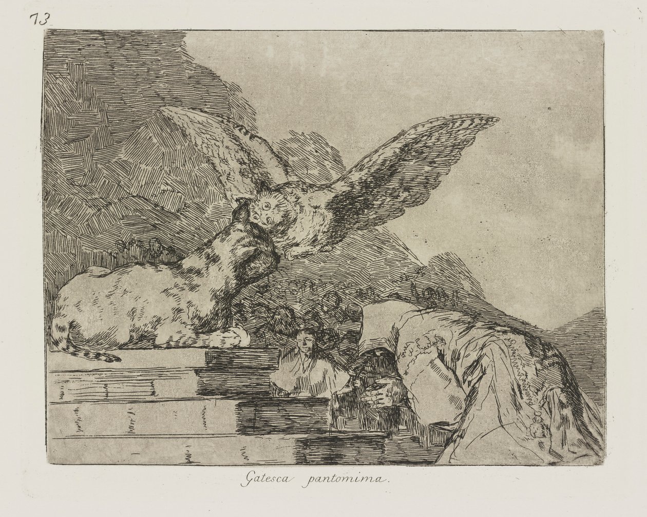 Gateská pantomima. (Kočičí pantomima.), pl. 73 ze série The Disasters of War od Francisco de Goya
