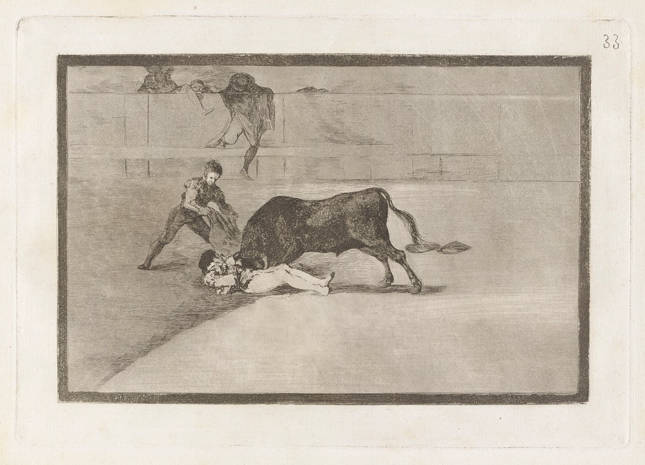 Nešťastná smrt Pepe Illo v ringu v Madridu (Nešťastná smrt Pepe Illo v ringu v Madridu), deska 33 z La tauromaquia od Francisco de Goya