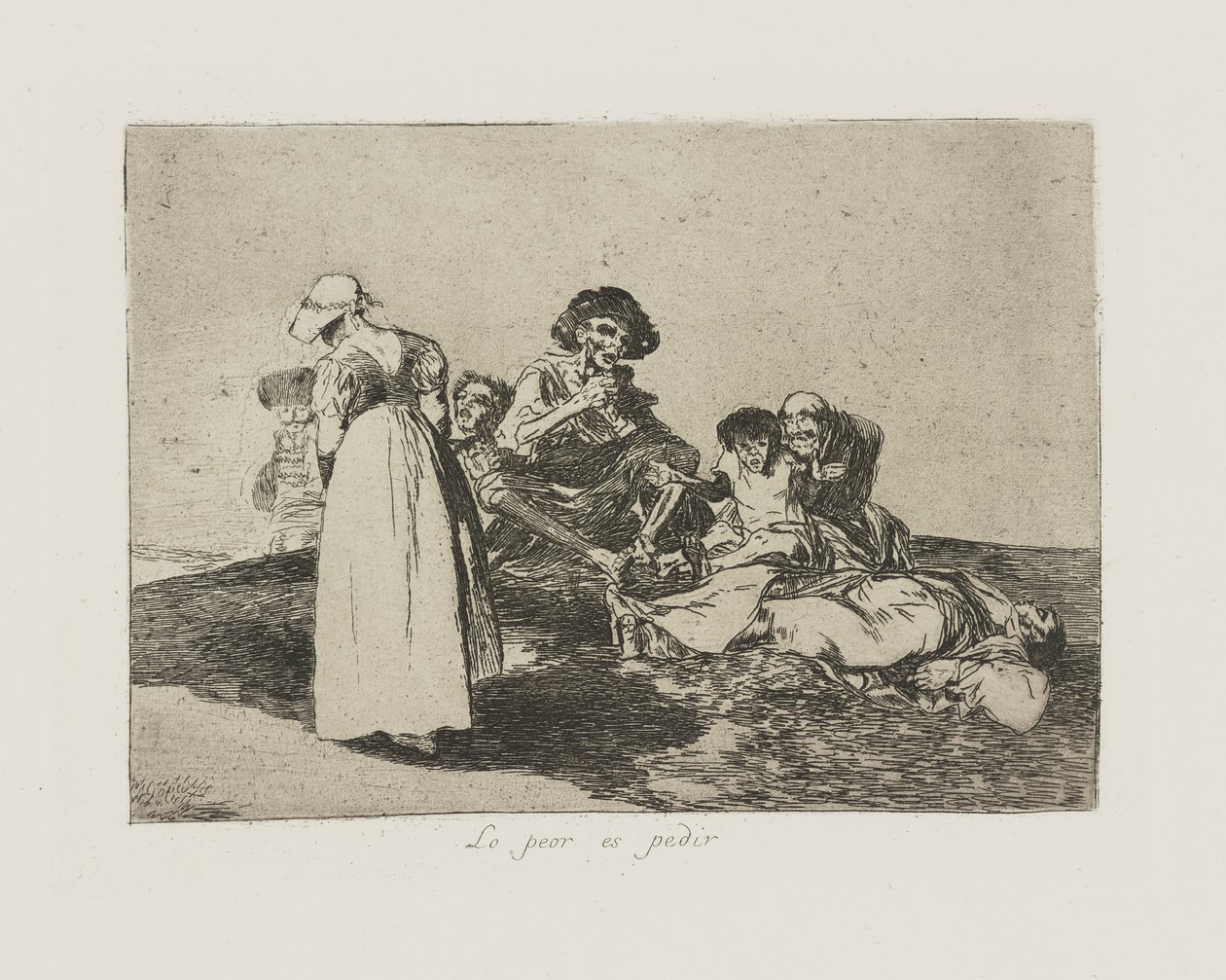 Nejhorší je ptát se. (The Worst Is To Beg.), pl. 55 ze série The Disasters of War od Francisco de Goya