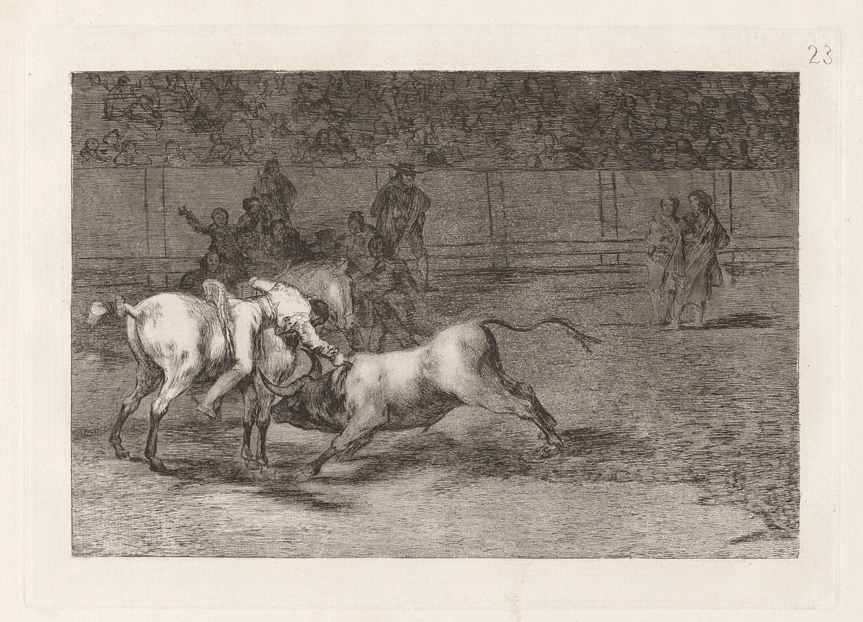 Mariano Ceballos, alias Indián, zabije býka ze svého koně (Mariano Ceballos, Alias ​​​​Ind, Kills the Bull from his Horse), Plate 23 z La tauromaquia od Francisco de Goya