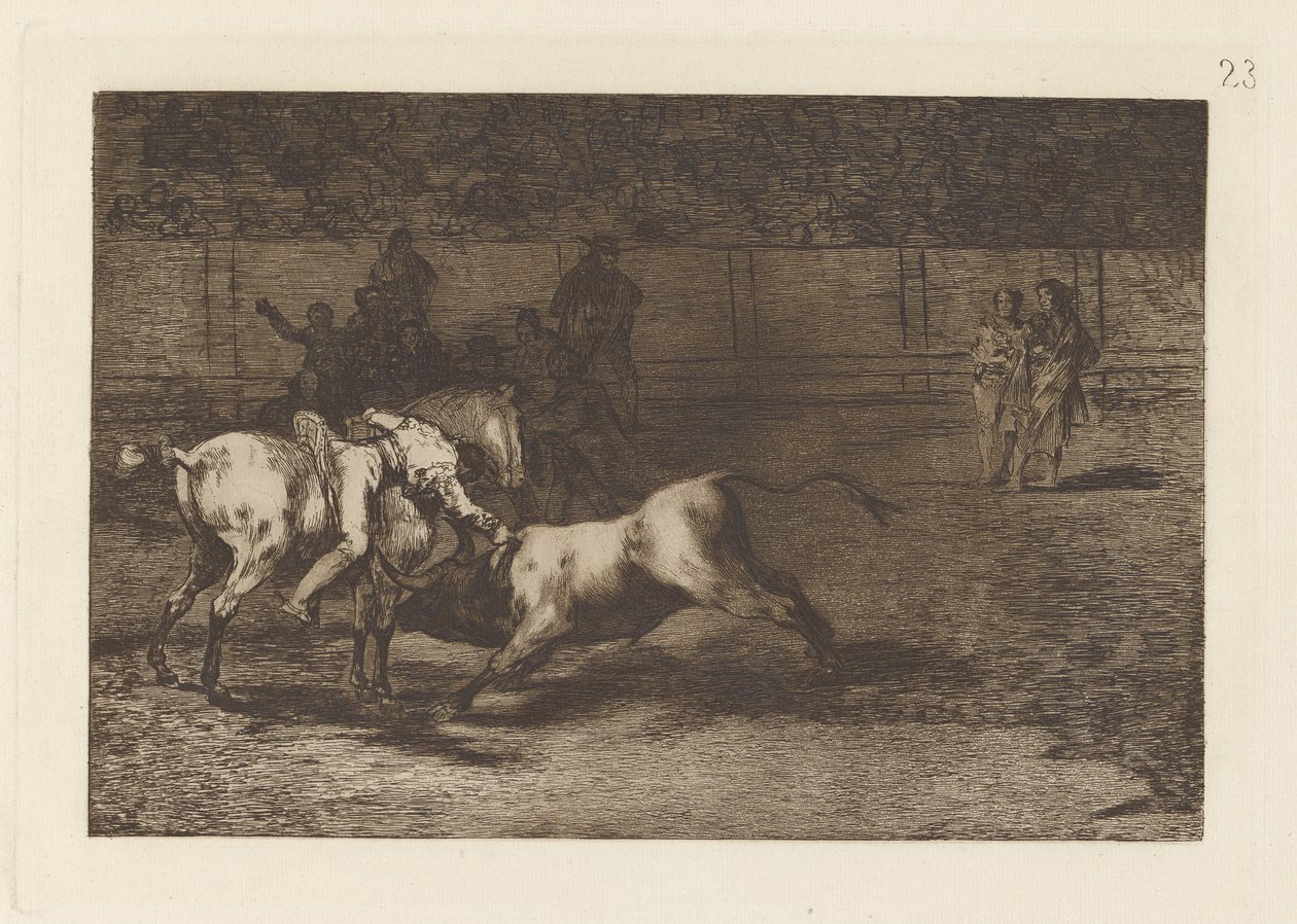 Mariano Ceballos, alias Indián, zabije býka ze svého koně (Mariano Ceballos, Alias ​​​​The Indian, Kills the Bull from his Horse), Plate 23 z La tauromaquia od Francisco de Goya
