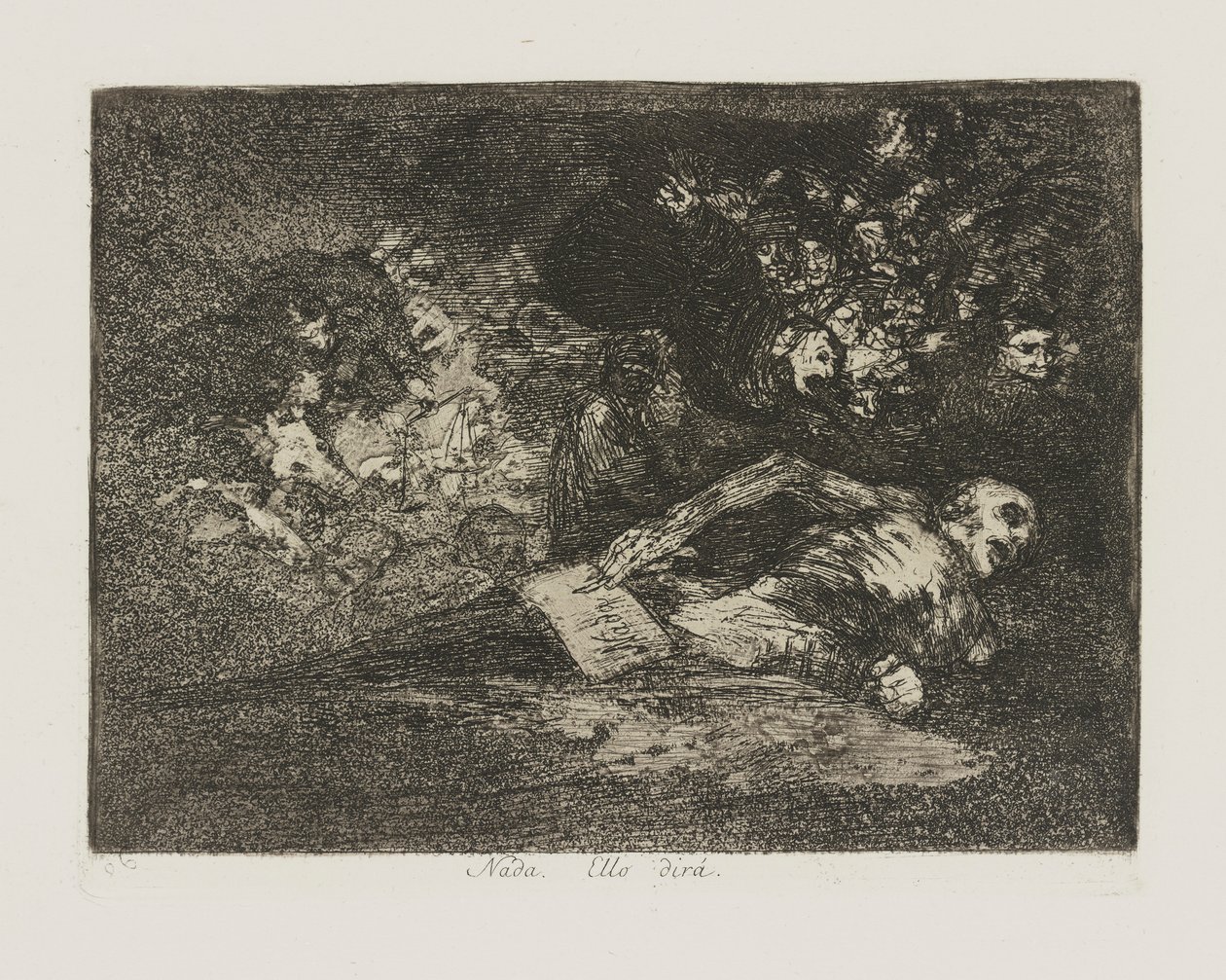 Žádný. Řekne to? (Nic. Událost napoví.), pl. 69 ze série The Disasters of War od Francisco de Goya