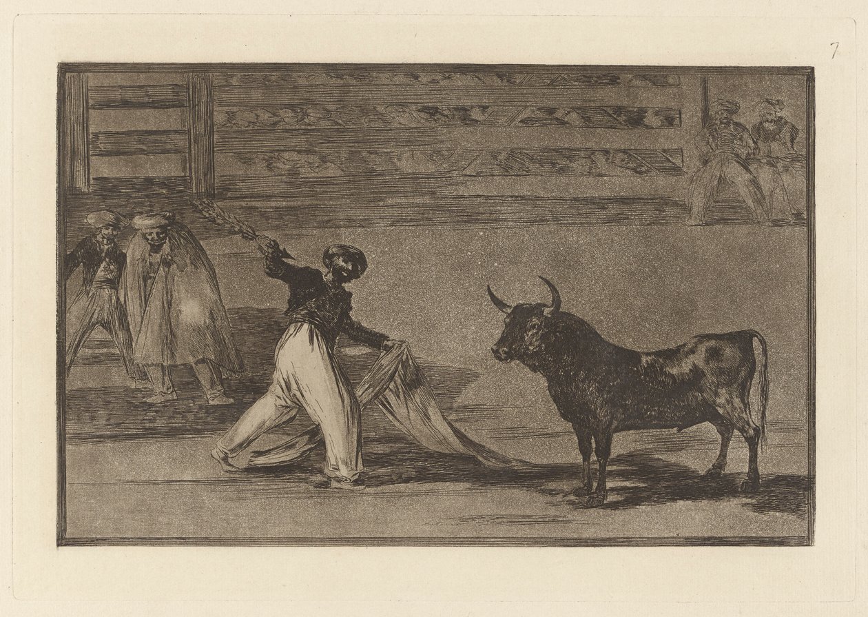 Původ harpun? banderillas (Původ harpun nebo Banderillas), deska 7 z La tauromaquia od Francisco de Goya