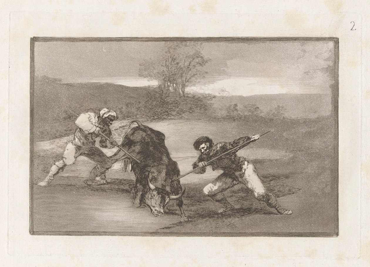 Jiný způsob lovu? noha (jiný způsob lovu pěšky), deska 2 z La tauromaquia od Francisco de Goya