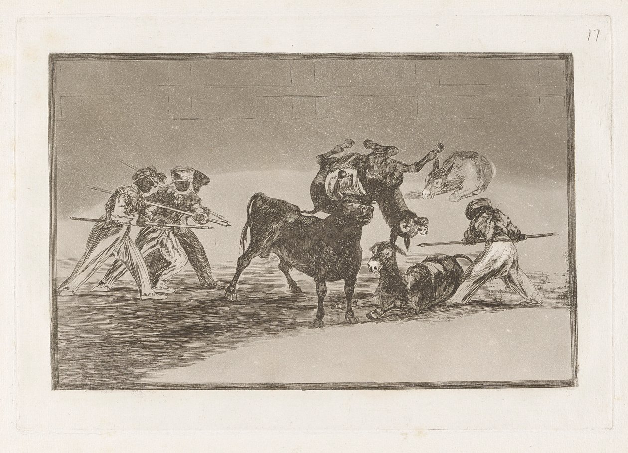 Palenque de los moros hecho con burros para defencese del toro embolado (Muři používají osly jako bariéru k obraně před býkem, jehož rohy byly ohnuty míčky), deska 17 z La tauromaquia od Francisco de Goya