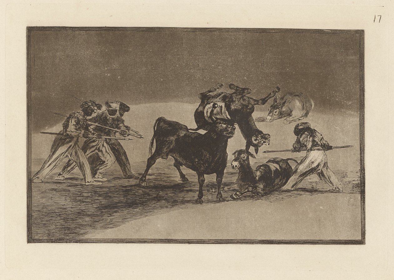 Palenque de los moros hecho con burros para defencese del toro embolado (Muři používají osly jako bariéru k obraně před býkem, jehož rohy byly ohnuty míčky), deska 17 z La tauromaquia od Francisco de Goya