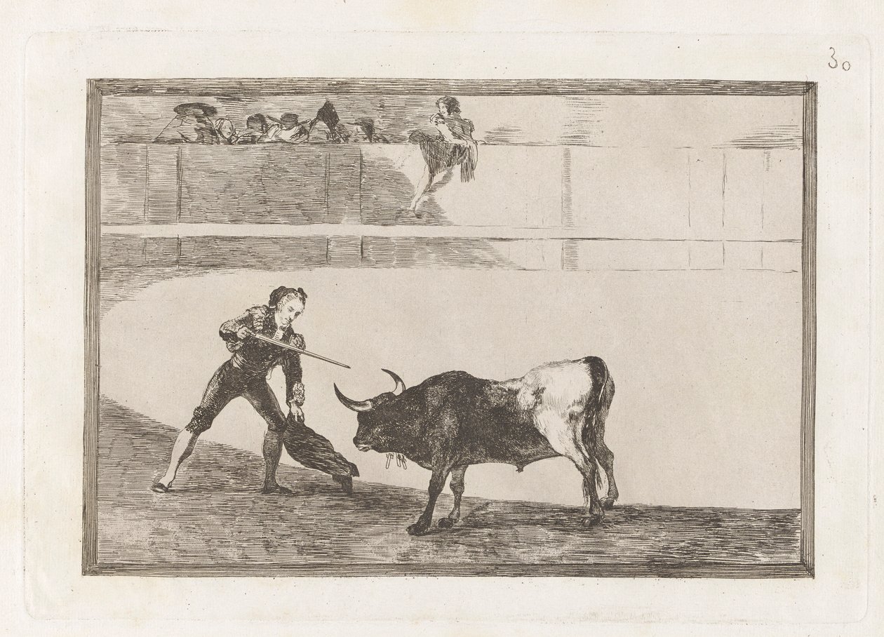 Zabíjí Pedro Romero? stojící býk (Pedro Romero Killing the Halted Bull), Talíř 30 z La tauromaquia od Francisco de Goya