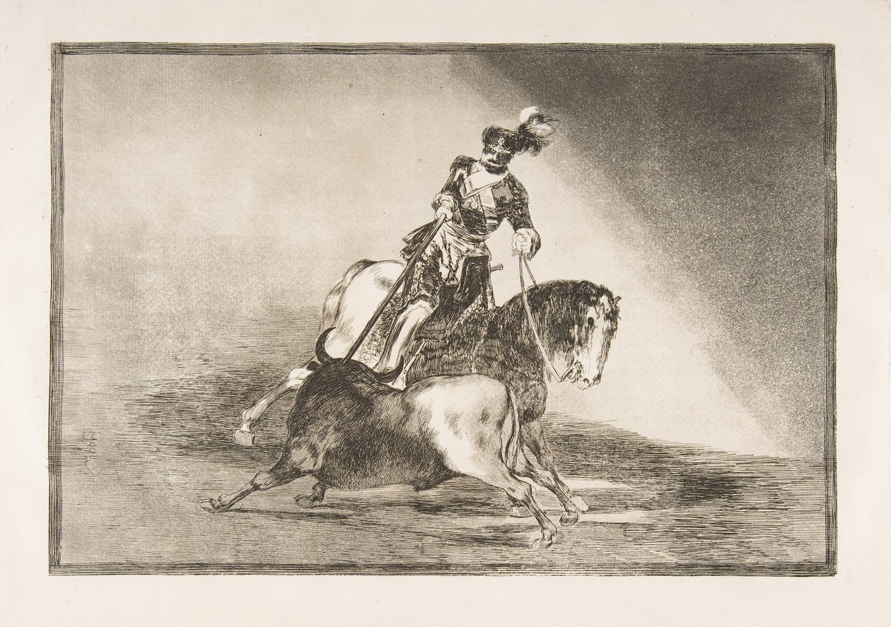 Deska 10 z La Tauromaquia: Karel V. kopí býka v ringu ve Valladolidu, 1816. od Francisco de Goya