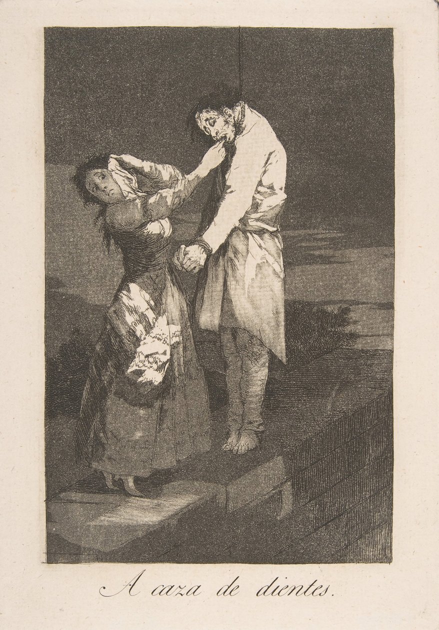 Talíř 12 z Los Caprichos: Hon na zuby A caza des dientes., 1799. od Francisco de Goya