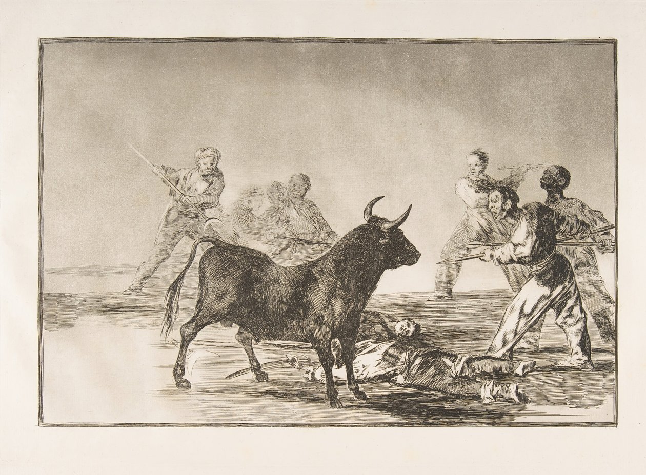 Talíř 12 z Tauromaquia: Dav ochromuje býka kopími, srpy, bande..., 1816. od Francisco de Goya