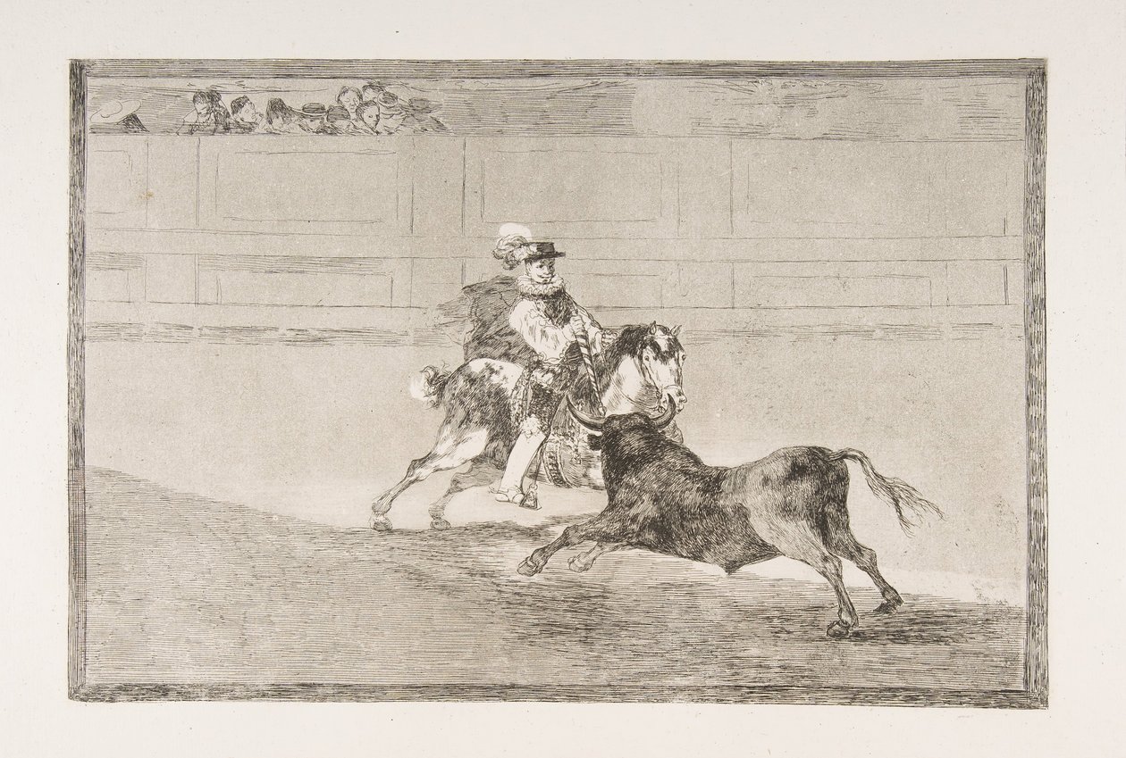 Deska 13 „Tauromaquia“: Španělský rytíř na koni v prstenu lámající krátká kopí ..., 1816. od Francisco de Goya