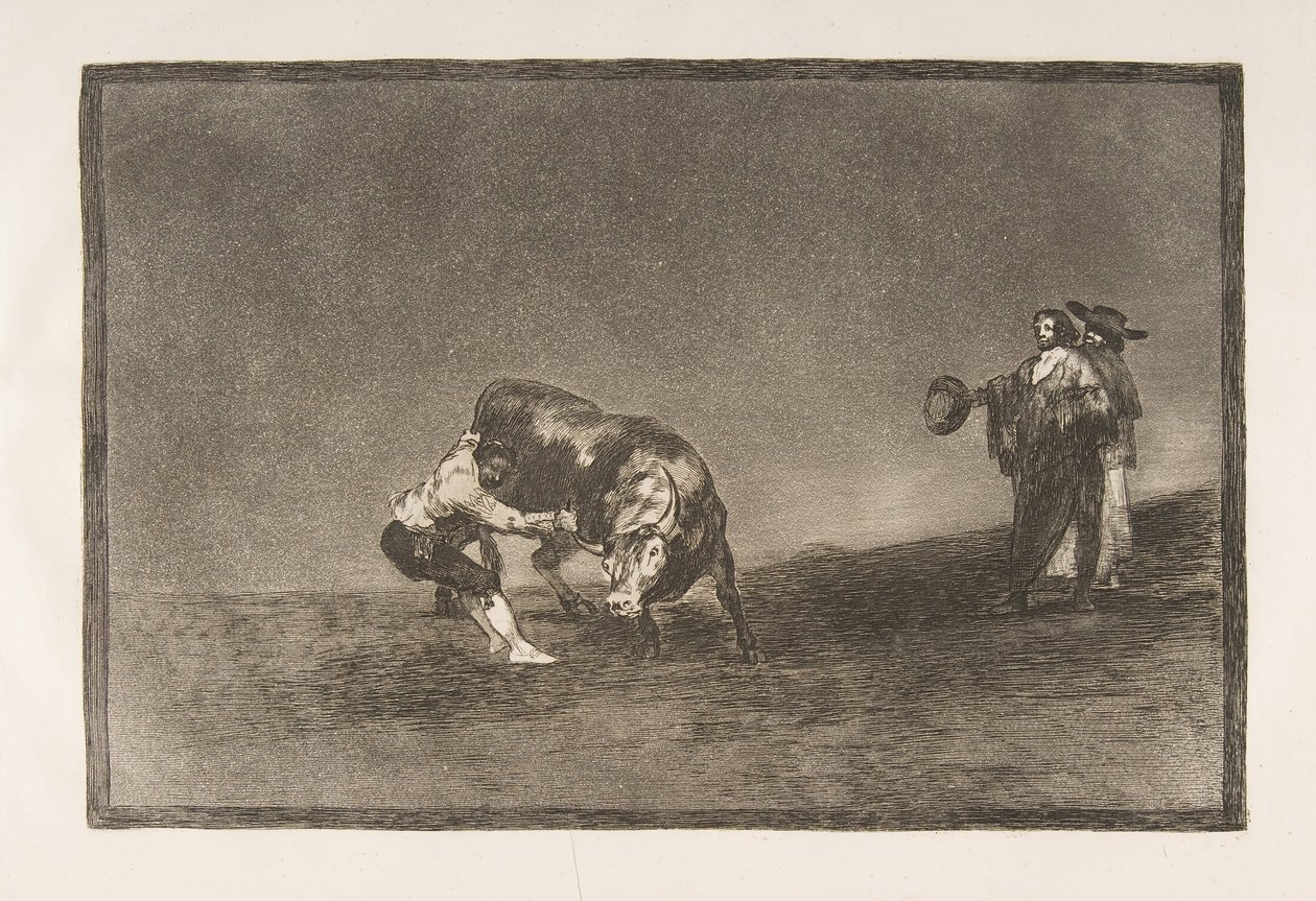 Talíř 16 Tauromaquia: Tentýž muž hodí býka do ringu v Madridu., 1816. od Francisco de Goya