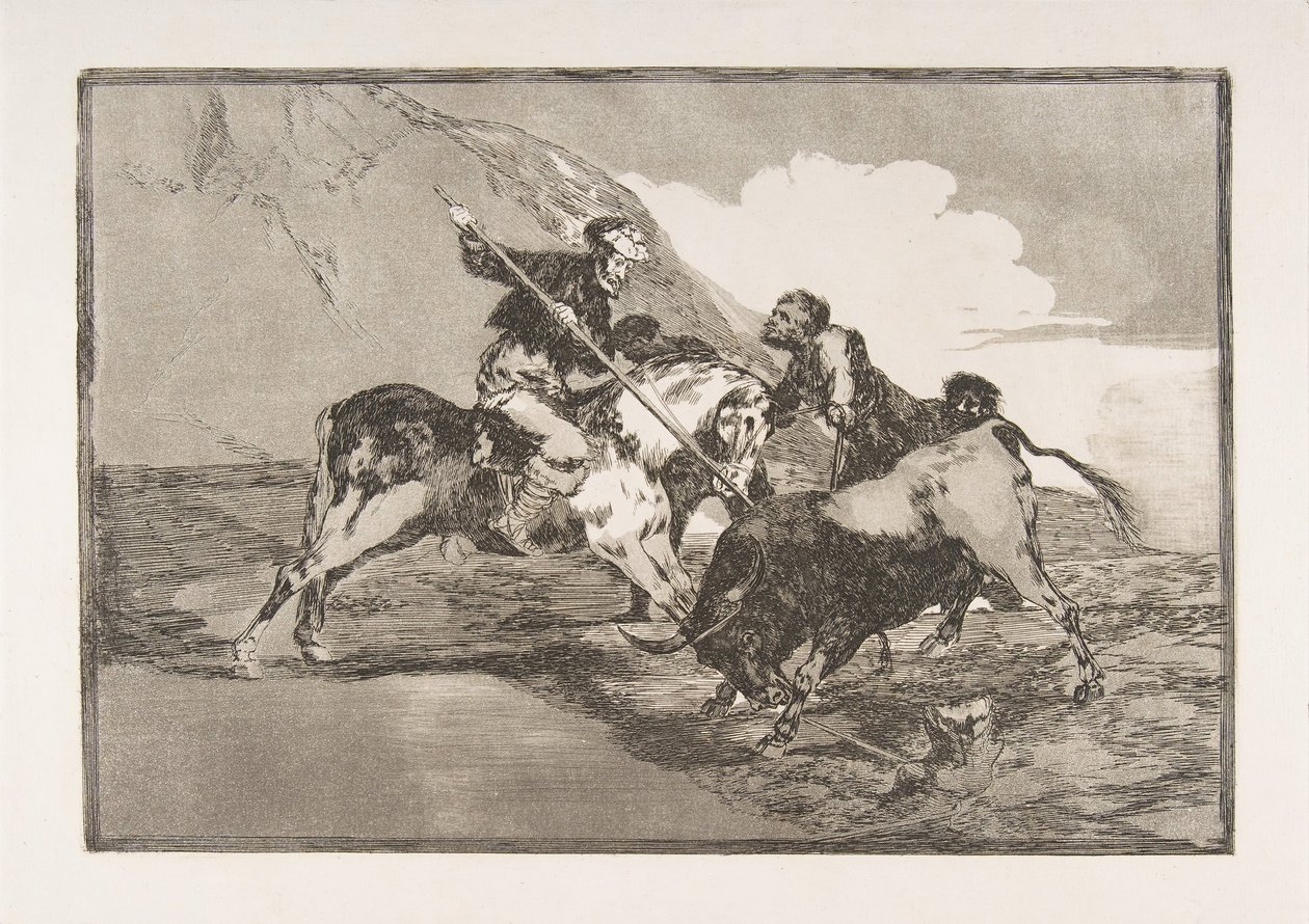 Deska 1 z Tauromaquia: Způsob, jakým staří Španělé lovili býky na hor..., 1816. od Francisco de Goya