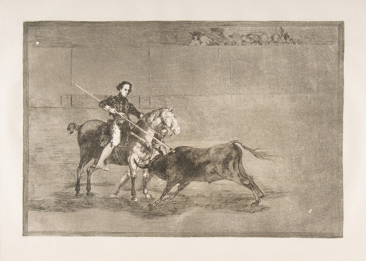 Talíř 22 z Tauromaquia: Mužská odvaha slavného Pajuelera v [prstenu] v..., 1816. od Francisco de Goya