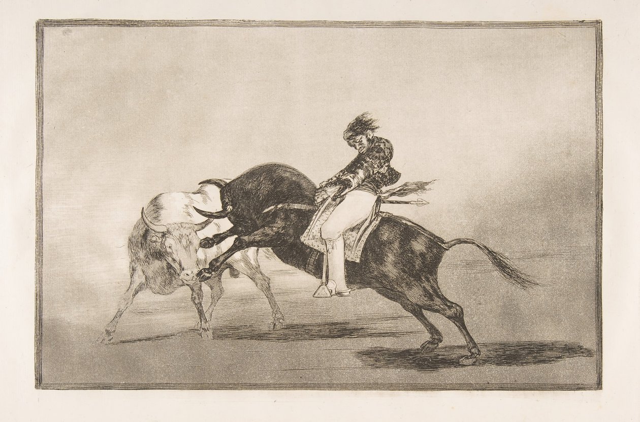 Talíř 24 Tauromaquia: Stejný Ceballos nasazený na jiném býkovi zlomí krátkou řeč..., 1816. od Francisco de Goya