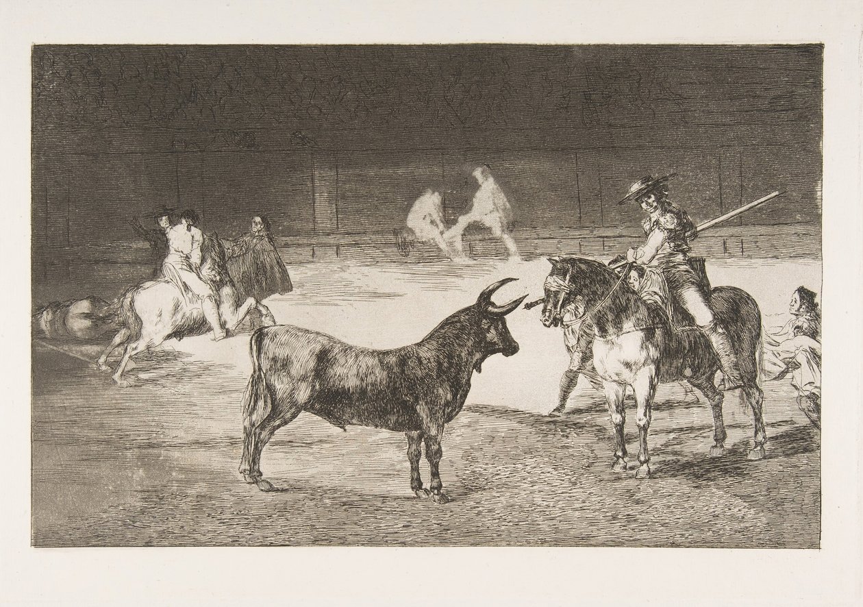 Talíř 27 z Tauromaquia: Slavný picador, Fernando del Toro, kreslí ohnivé..., 1816. od Francisco de Goya