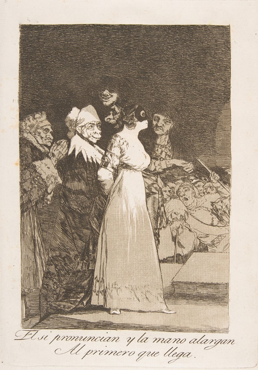 Deska 2 z Los Caprichos: Řeknou ano a podají ruku prvnímu příchozímu El si ..., 1799. od Francisco de Goya