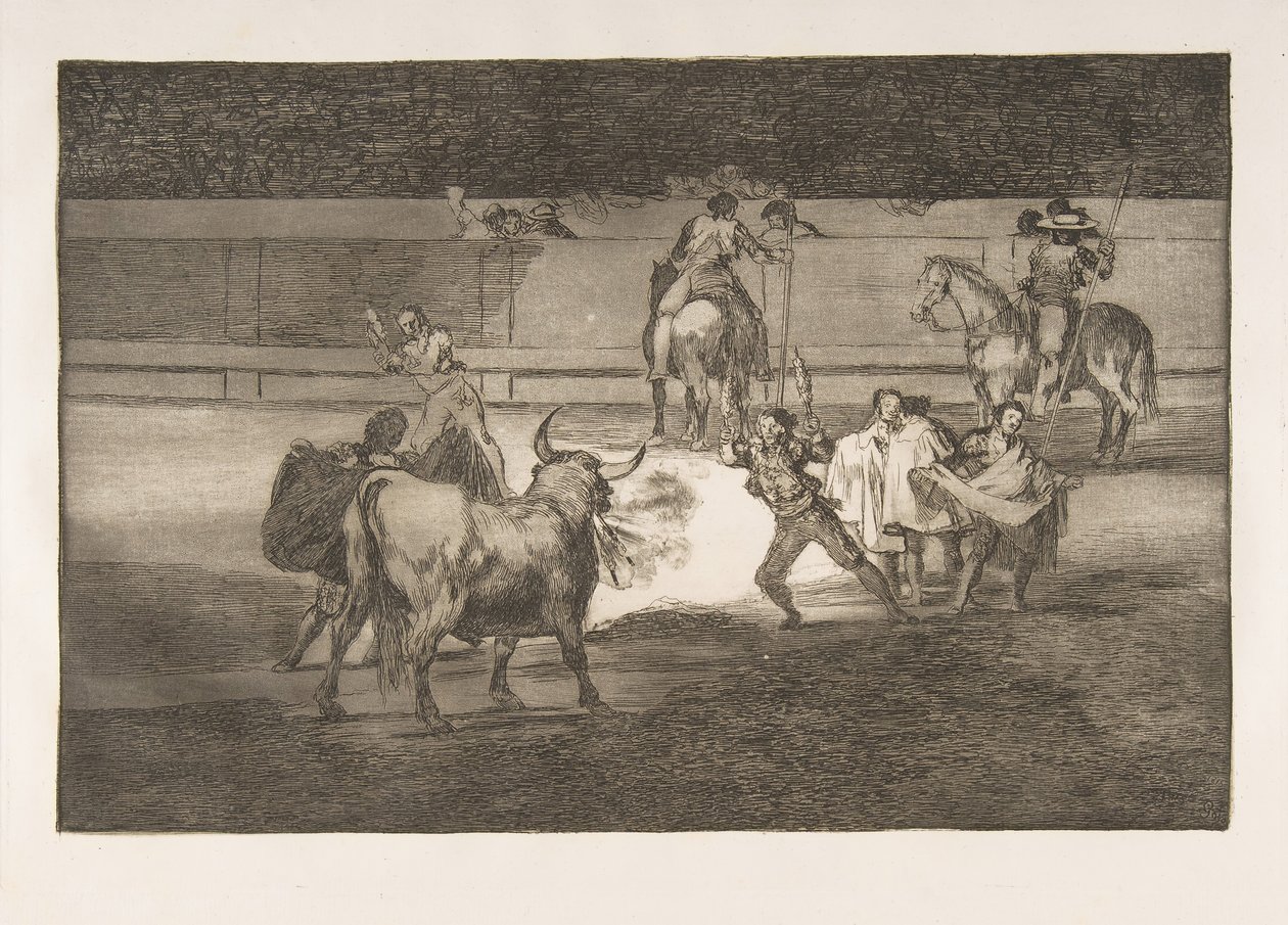 Deska 31 Tauromaquia: Banderillas s petardami., 1816. od Francisco de Goya