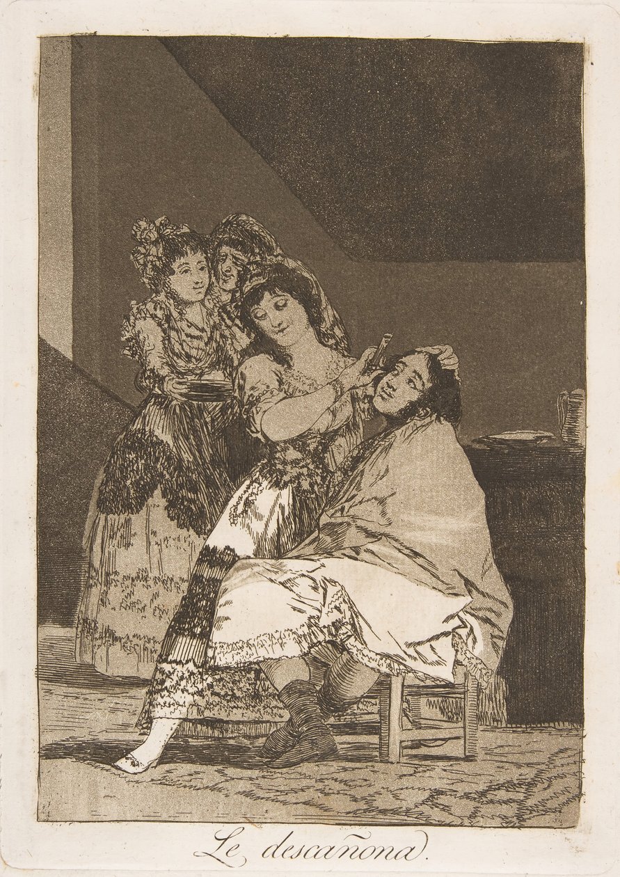 Deska 35 z Los Caprichos: Ona ho ošuká Le descañona., 1799. od Francisco de Goya