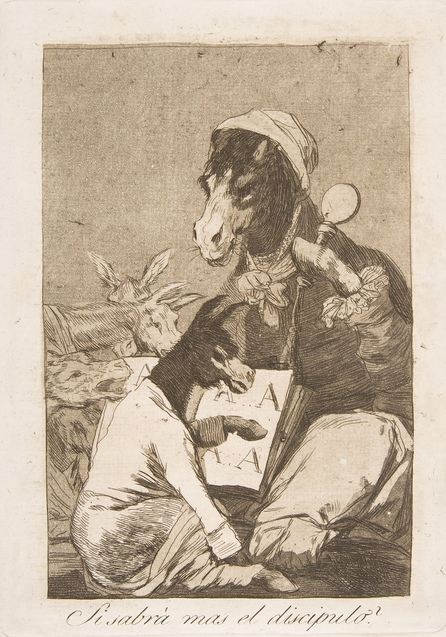 Talíř 37 z Los Caprichos: Možná by žák nevěděl víc Si Sabrá mas el discipulo, 1799. od Francisco de Goya