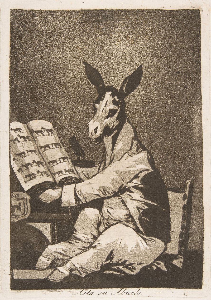Talíř 39 z Los Caprichos: A takový byl i jeho dědeček. Asta su Abuelo., 1799. od Francisco de Goya
