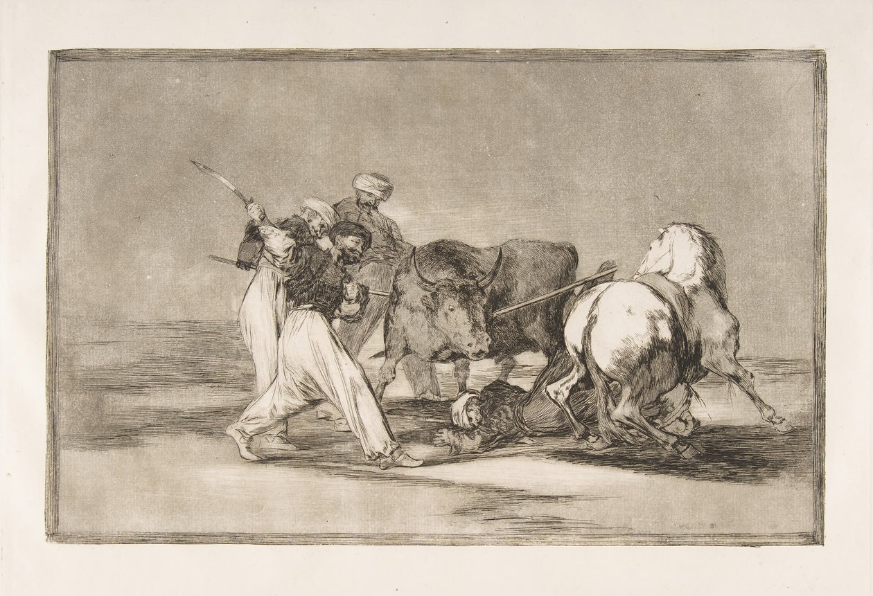 Deska 3 Tauromaquia: Maurové se usadili ve Španělsku a vzdali se pověr z roku 1816. od Francisco de Goya