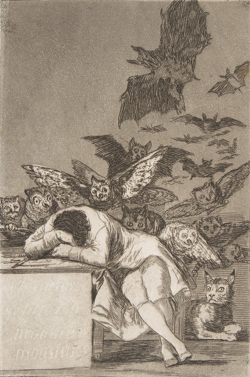 Deska 43 z Los Caprichos: Spánek rozumu produkuje monstra E..., 1799, vydáno 1908-12. od Francisco de Goya