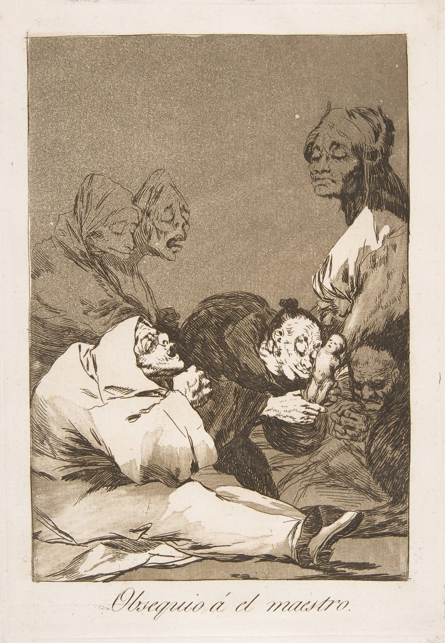 Talíř 47 z Los Caprichos: Dárek pro mistra Obsequio á el maestro, 1799. od Francisco de Goya