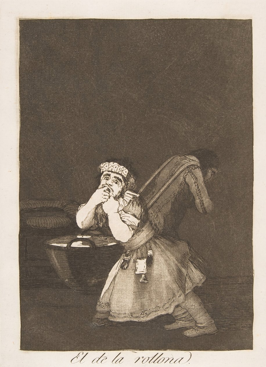 Talíř 4 z Los Caprichos: Chůva chlapec El de la rollona., 1799. od Francisco de Goya