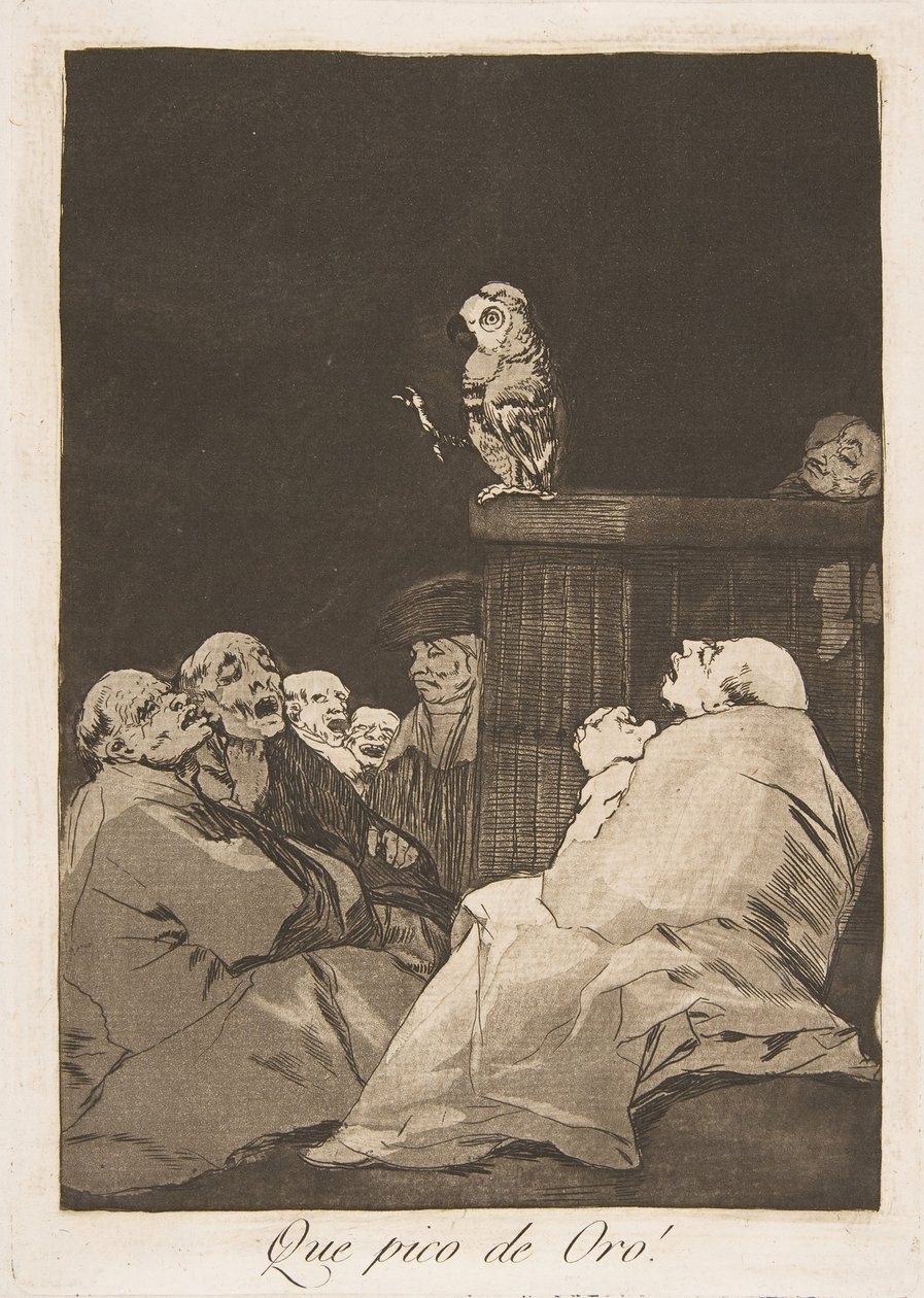 Talíř 53 z Los Caprichos: Jaký zlatý zobák! Que Pico de Oro!, 1799. od Francisco de Goya