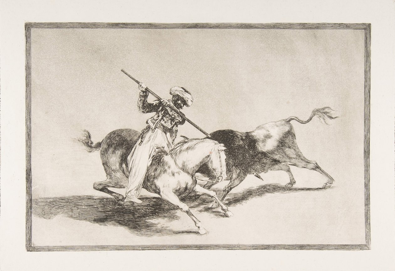 Talíř 5 z The Tauromaquia: Temperamentní Maurský Gazul jako první nakopl býky podle dohody..., 1816. od Francisco de Goya