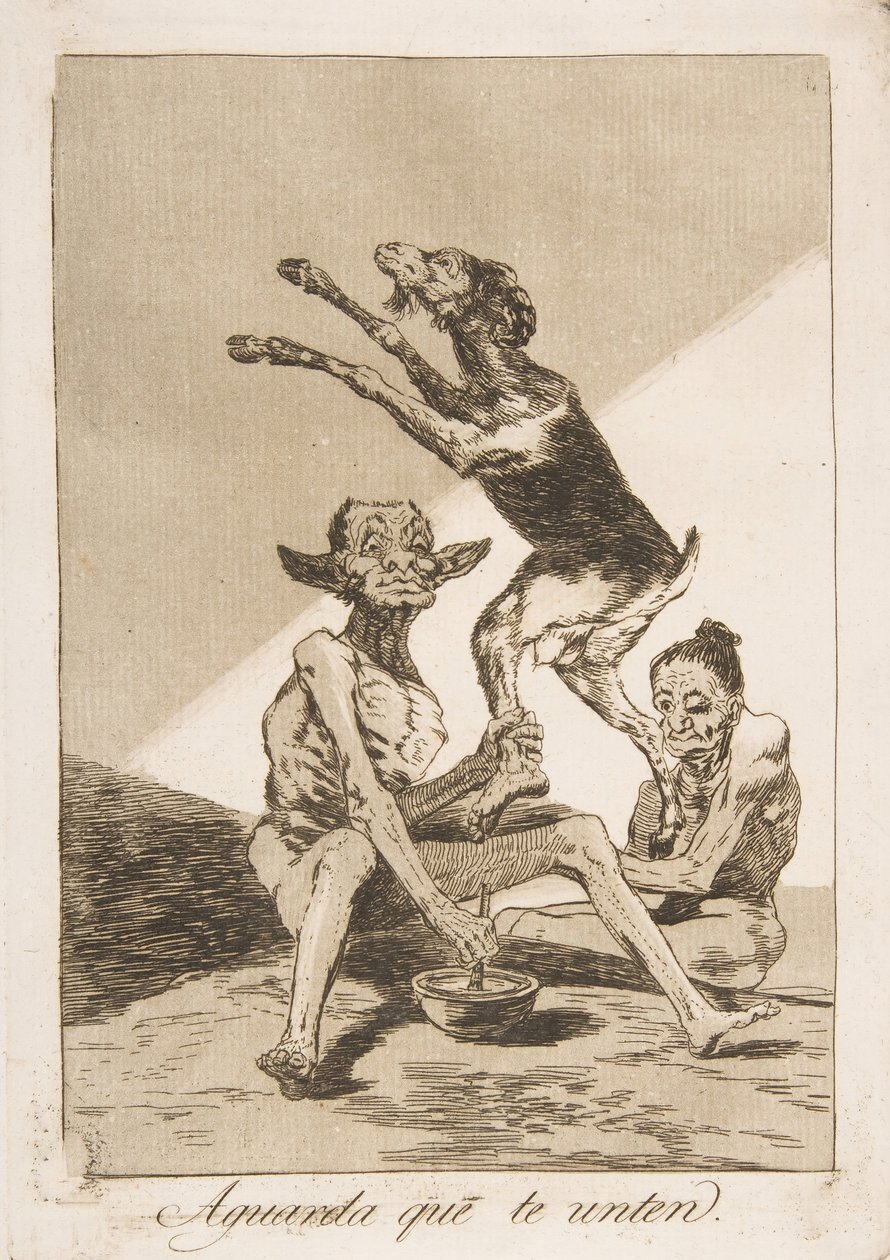 Talíř 67 z Los Caprichos: Počkejte, až budete pomazáni Aguarda que te unten., 1799. od Francisco de Goya