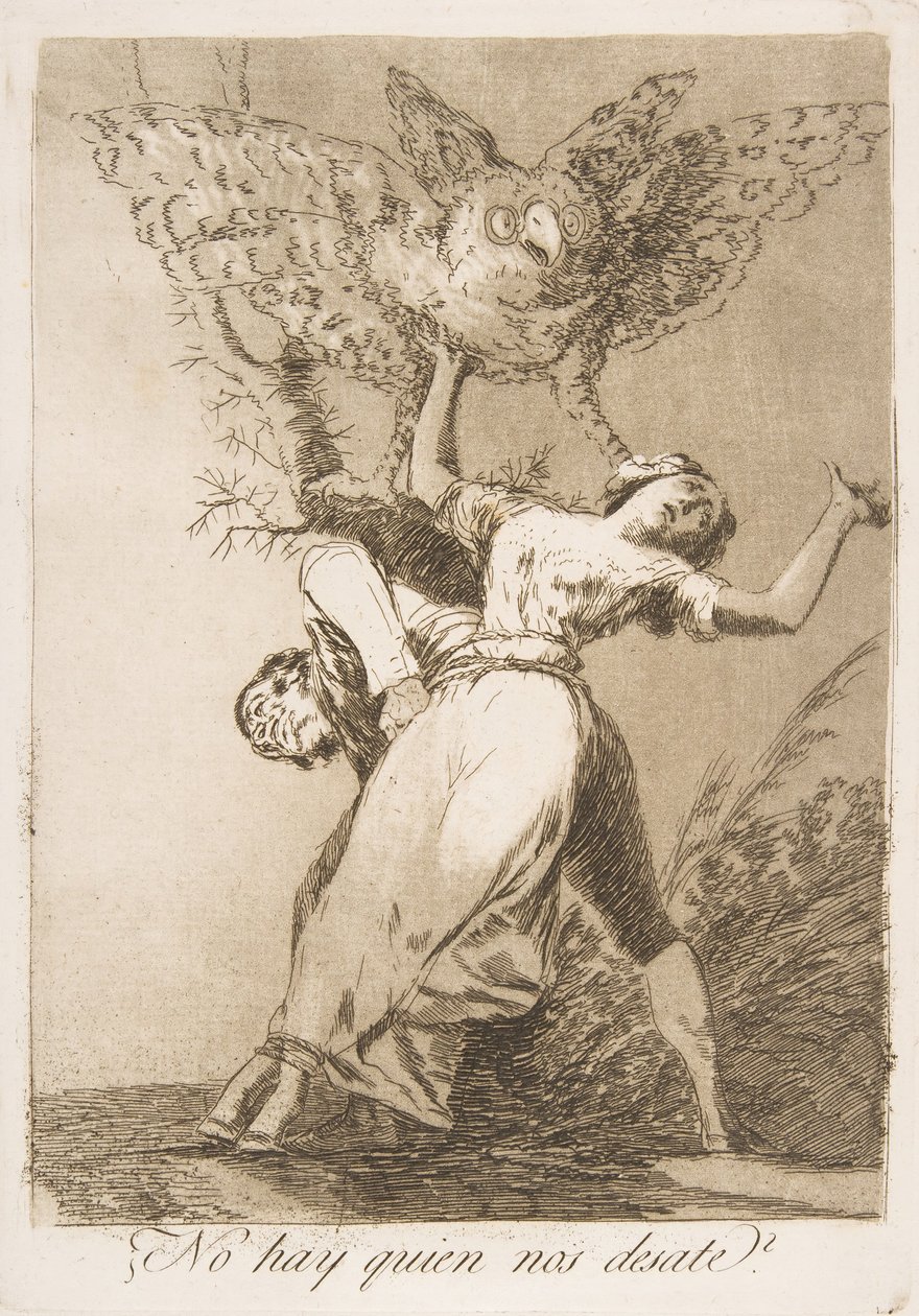 Deska 75 z Los Caprichos: Není tu nikdo, kdo by nás rozvázal ¿No hay quien nos desate, 1799. od Francisco de Goya